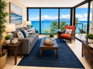a living room with a couch and a table at Mahana 604 Oceanfront 1BD 1BA condo in Kahana