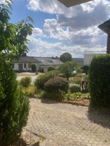 a garden with bushes and a building in the background at Evelyn in Emmelshausen