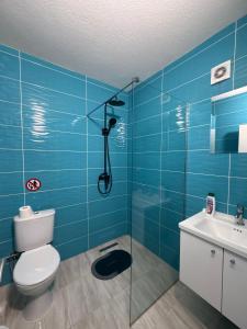 a blue bathroom with a toilet and a shower at Hotel AKSA in Prizren
