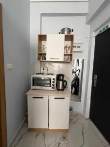 a small kitchen with a microwave on a counter at Athanias Studio II in Drama