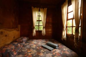a bedroom with a bed and two windows at Anka Köy Evi in Çamlıhemşin