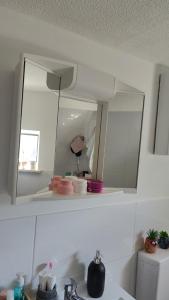 a bathroom with a mirror above a sink at Denkmal Rhens in Rhens