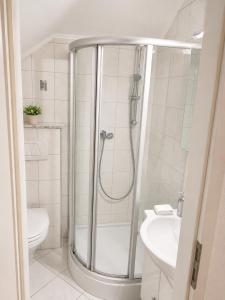 a bathroom with a shower and a toilet and a sink at Simple studio near Kirchberg in Luxembourg
