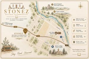 a map of the shorez amphitheater and city road tunnel at Stonez Boutique Accommodation in Clunes
