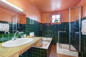 a green tiled bathroom with a sink and a shower at Chambre D'hôtes Le Viel Echalier in Saint-Urbain +20 photos
