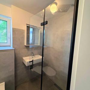 a bathroom with a sink and a glass shower at TourBase Dahlem in Dahlem