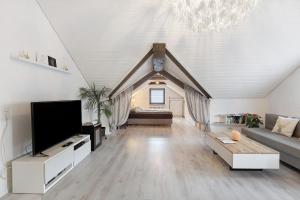 a living room with a couch and a flat screen tv at Schwarzwaldglück 2 Einheiten in St. Blasien