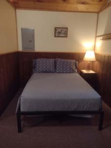 a bedroom with a bed with a blue bedspread and a lamp at Thunder Ridge Cabins B&B - Otter Lodge in Rockbridge