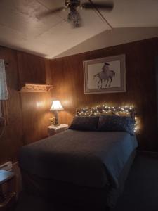 a bedroom with a bed with lights on it at Thunder Ridge Cabins B&B - Wolf Den in Rockbridge