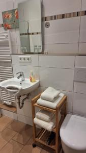 a bathroom with a sink and a toilet and a mirror at Hotel Restaurant Zur Eisernen Hand in Viersen +27 photos