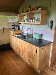 a kitchen with a sink and wooden cabinets at Vakantieboerderij Den Deter in Meddoo +13 photos