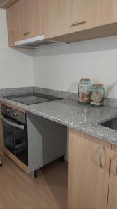 a kitchen with a granite counter top with a stove at Casa da Fraga in Soajo +10 photos