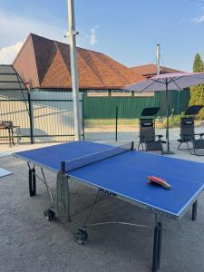 a blue ping pong table in front of a building at Будинок на Дніпрі in Kozin