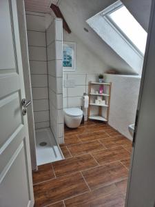a bathroom with a toilet and a sink at Ferienwohnung Moos in Haiger +9 photos