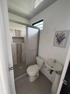 a bathroom with a toilet and a sink at Apartamentos El Remanso in Mariquita