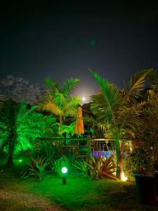 a resort at night with palm trees and an umbrella at Pousada Rosa Astral ॐ in Praia do Rosa