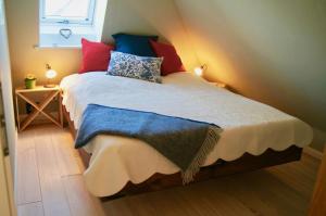 una camera da letto con un grande letto con cuscini colorati di Ferienhaus nahe Ostsee mit Sauna, Kamin & eingezäuntem Garten,Hund willkommen a Rabenholz