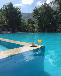 a glass of orange juice sitting on a table next to a swimming pool at TSIGOURA VERDE RESORT in Mikrós Prínos +19 photos