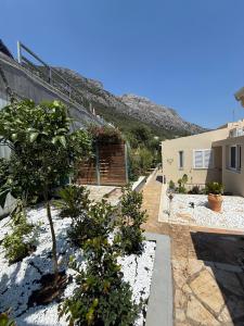 a garden with trees and plants in front of a building at Villa Metaxa Barbati Beach Corfu in Barbati