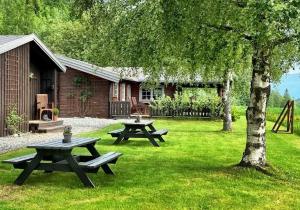 a picnic area with picnic tables and a tree at Grindal Salmon Lodge in Rennebu