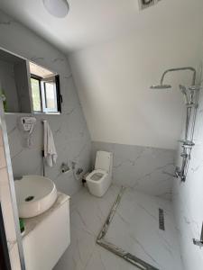 a white bathroom with a sink and a toilet at Green zone Aframe in Qusar +20 photos