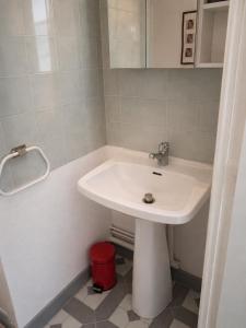 a bathroom with a white sink and a red bucket at appartement centre ville in Souillac