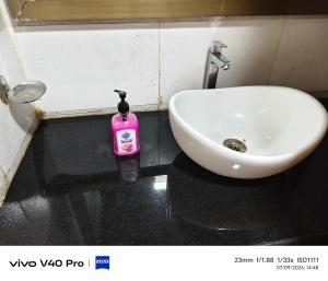 a bathroom sink with a pink soap bottle next to it at Hotel HLD Matheran in Matheran