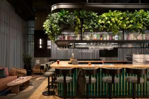 a bar with stools and plants on the wall at New Moxy Ottawa Downtown in Ottawa
