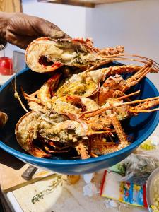 a pile of crabs in a blue bowl on a table at Olive Breeze III in Runaway Bay