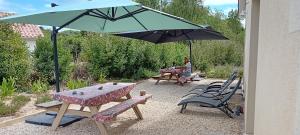 a woman sitting at a table under an umbrella at domaine de marodi jasmin in Baignes-Sainte-Radegonde +20 photos