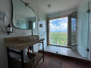 a bathroom with a shower and a sink and a window at Hotel de Tierra Viñedo y Spa - Aeropuerto Querétaro in San Vicente