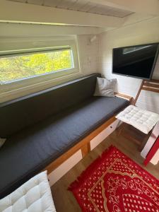 a small room with a couch and a flat screen tv at Tiny House Azyl Wolności in Pozezdrze