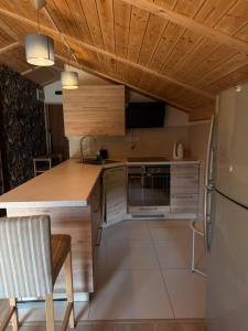 a small kitchen with a counter and a refrigerator at Apartament ADA in Niesulice +1 photo