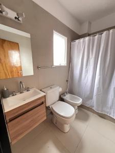 a bathroom with a toilet and a sink and a mirror at Olivos Lujan in Luján +14 photos