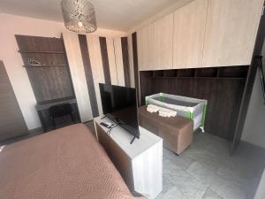 a living room with a bed and a television at Dante appartamento in Fagnano Olona