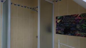 a bathroom with a shower with a poster on the wall at Sterne pierregarin 2kms de la plage in Séné