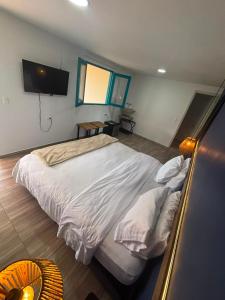 a bedroom with a large bed with a tv on the wall at Hotel Tumbaga 88 in Salento