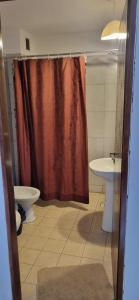 a bathroom with a shower curtain and a sink at B & V departamentos in San Salvador de Jujuy