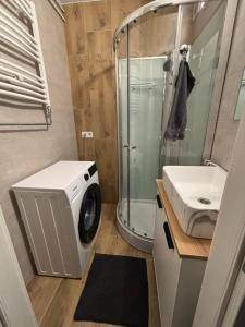 a bathroom with a shower and a washing machine at Piszkei Apartman in Lábatlan