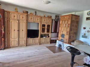 a living room with wooden cabinets and a tv at Naplopó-lak in Ábrahámhegy