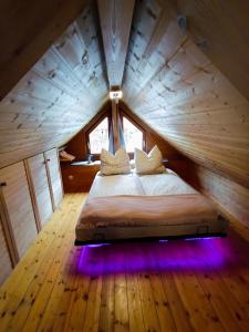 a bed in the middle of a room in a tree house at Tinyhouse Loisl in Thyrnau