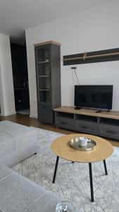 a living room with a tv and a coffee table at Vozd Apartment in Belgrade