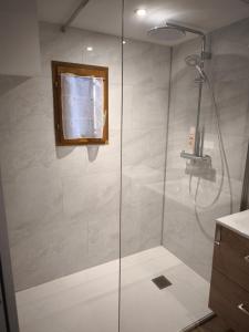 a shower with a glass door in a bathroom at Refuge de l'Ecureuil in Métabief