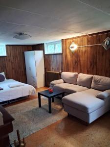 ein Wohnzimmer mit Sofa und Bett in der Unterkunft Central Studio Sollefteå in Sollefteå