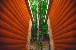 a view from the inside of a building with trees in the background at Jvarisa cottages in Bugeuli