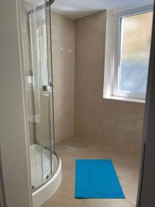 a shower with a blue mat in a bathroom at Ferienhaus Nathalie Leser in Baden-Baden +61 photos