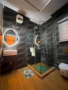 a bathroom with a shower and a sink and a mirror at Didi's Apartment in Lekki