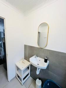 a bathroom with a sink and a mirror on the wall at Covenant Place in Cape Town +20 photos
