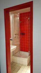 a red tiled bathroom with a shower and a sink at Jugendherberge-Berlin-International in Berlin