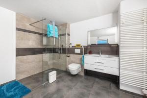 a bathroom with a shower and a toilet and a sink at Ferienwohnung Marina in Stockach +23 photos
